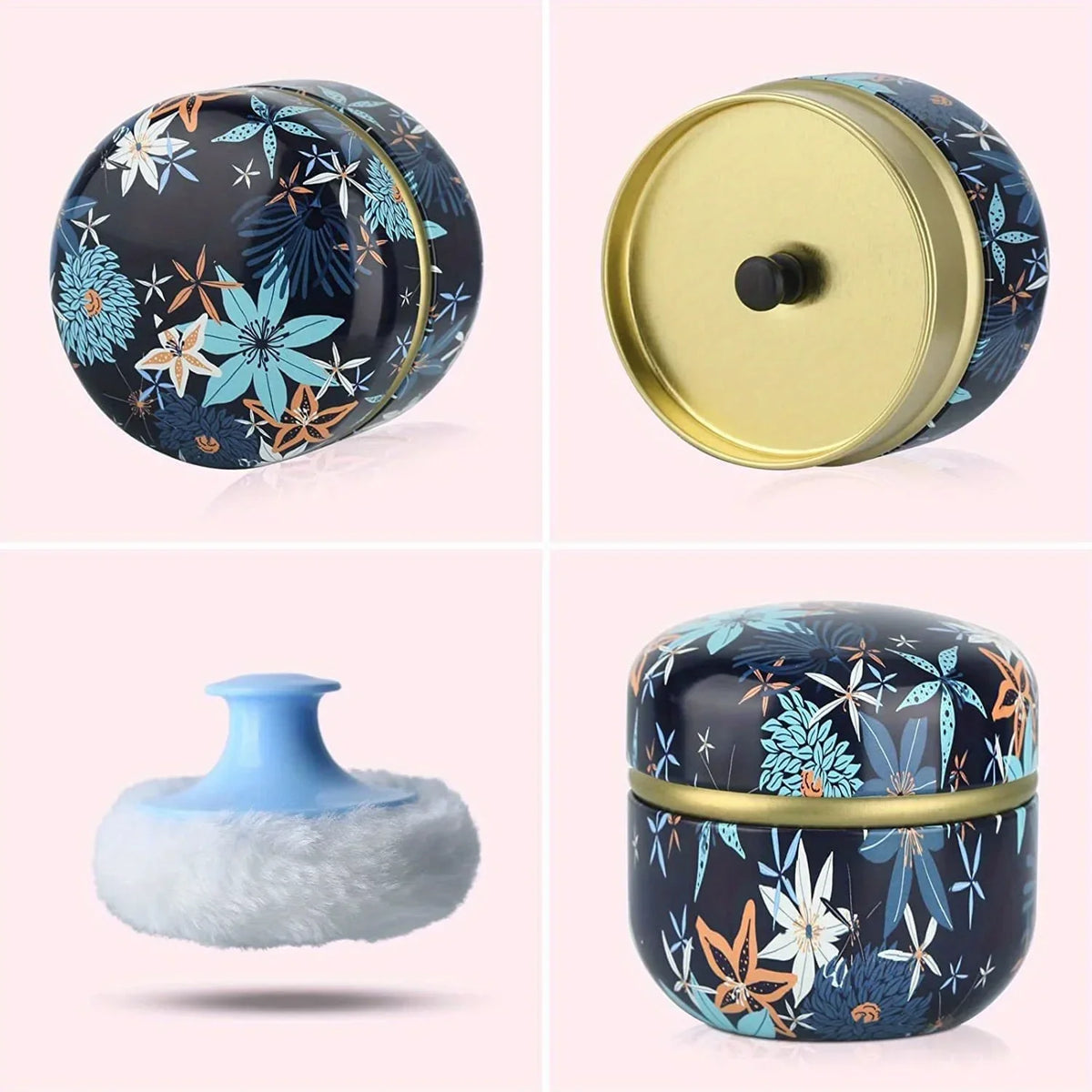 A refillable loose powder container with a gold lid and a blue floral pattern, shown in various angles.