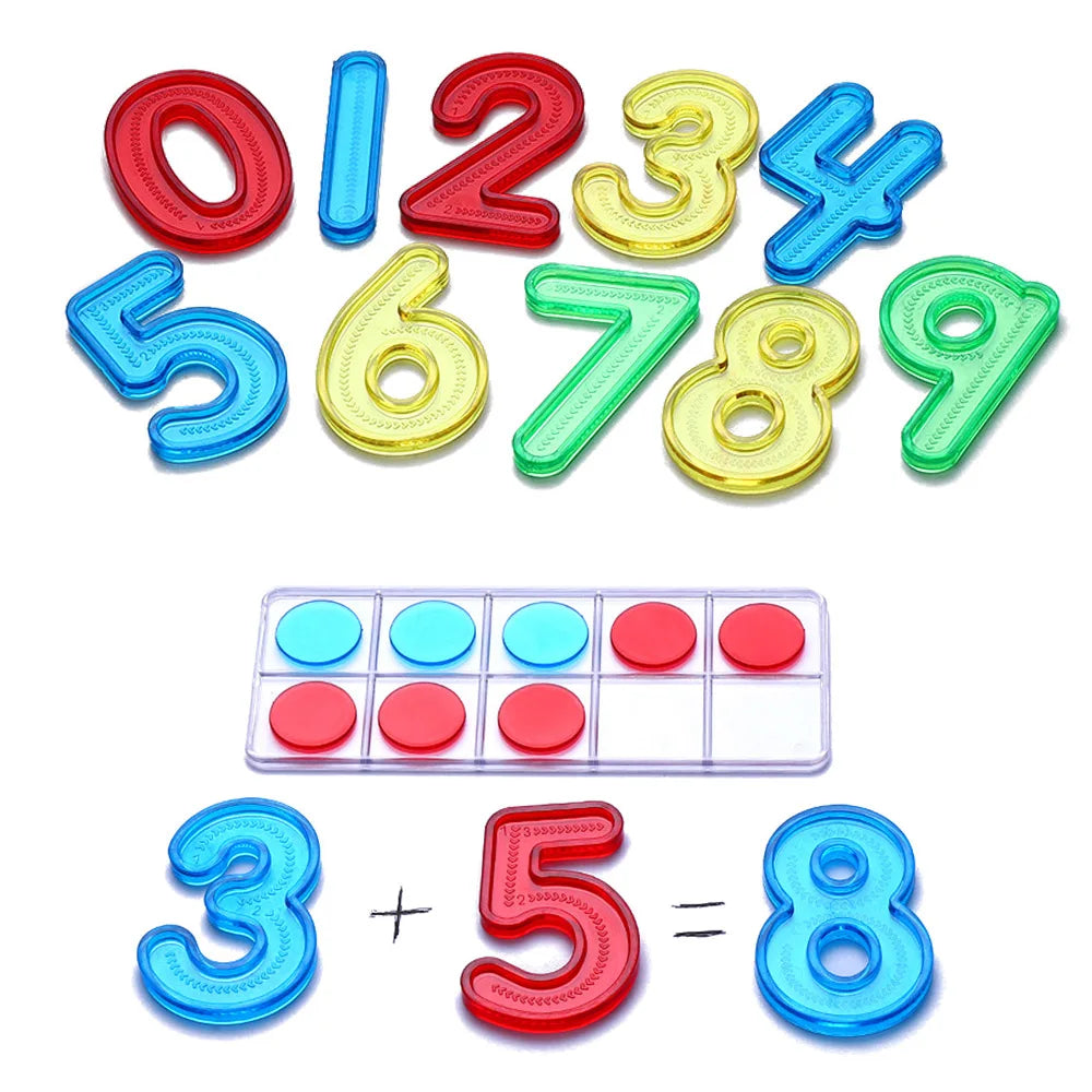 A set of colorful, transparent number cards from zero to eight, including individual numbers and a three plus five equals eig