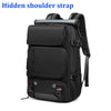 Black travel laptop backpack featuring a hidden shoulder strap and an external shoe bag pocket.
