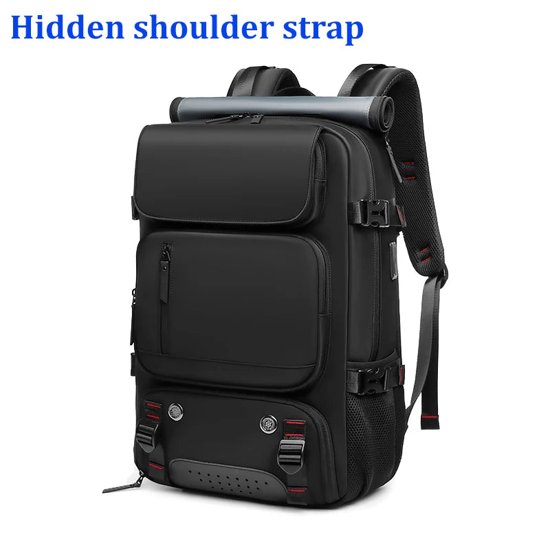 Black travel laptop backpack featuring a hidden shoulder strap and an external shoe bag pocket.