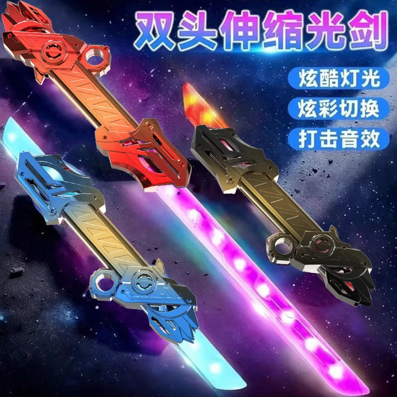 Three lightsabers of different colors and designs glowing with LED lights against a dark space background
