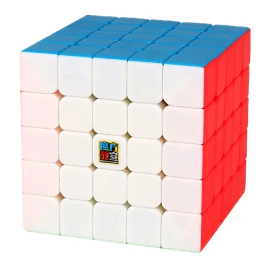 A white and red stickerless speed cube with a blue frame, shown from the top angle.