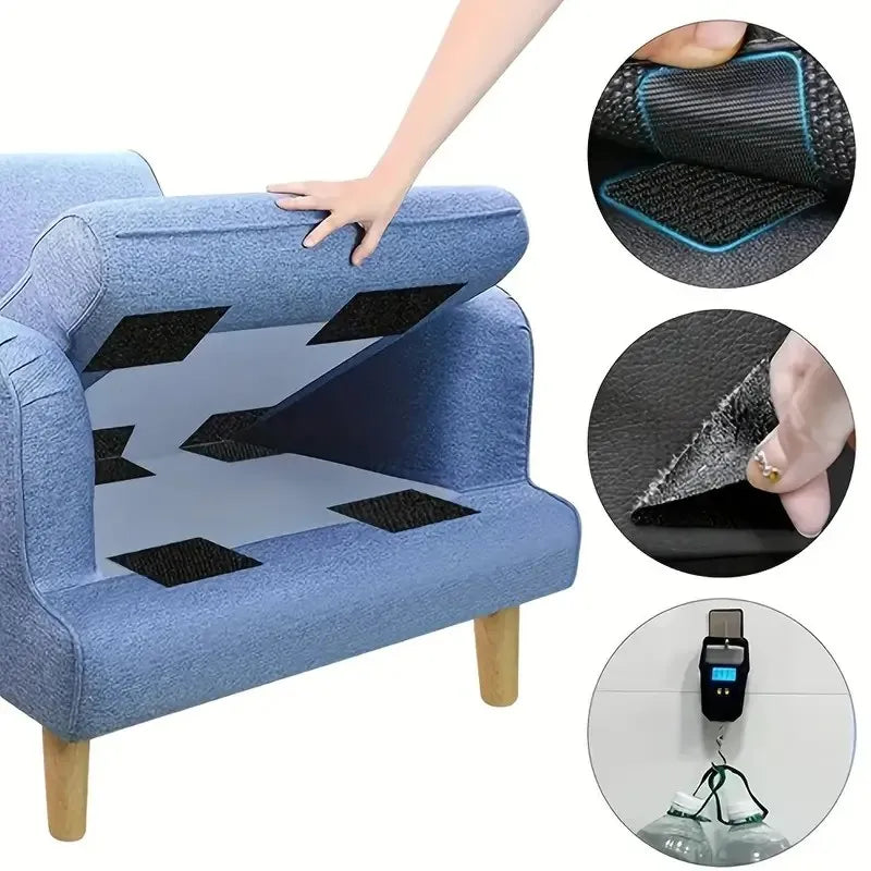 Close-up view of heavy-duty self-adhesive hook-and-loop tape being used to secure a car mat or rug.