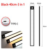 Black LED light bar with a Type-C connector and motion sensor, shown in various angles.
