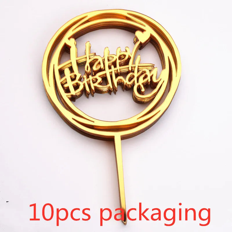 Gold Acrylic Happy Birthday Cake Toppers (Set of 10)