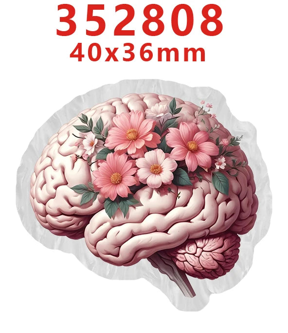 A pink illustration of a human brain with floral accents, used as a nurse badge charm design.