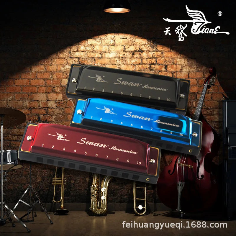 A black and blue 10-hole C key diatonic harmonica with a matching case displayed against a brick wall.