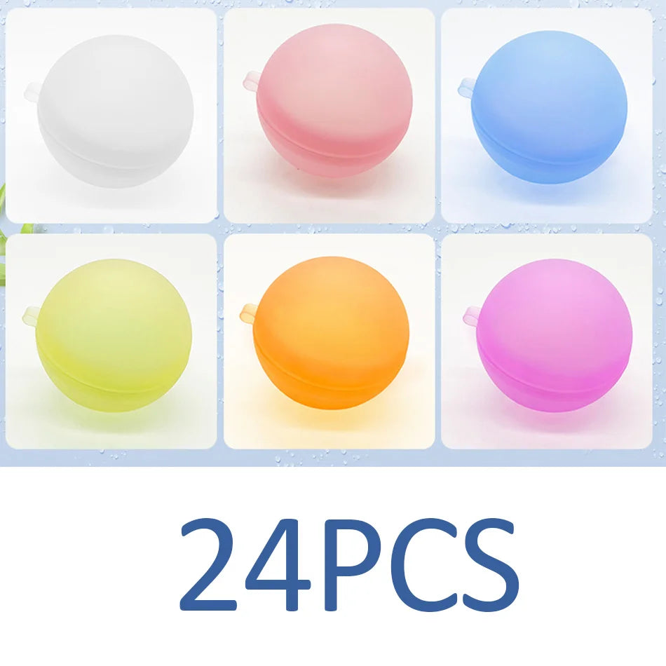 A set of 24 reusable splash water balloons in various colors including white, pink, blue, yellow, and orange.