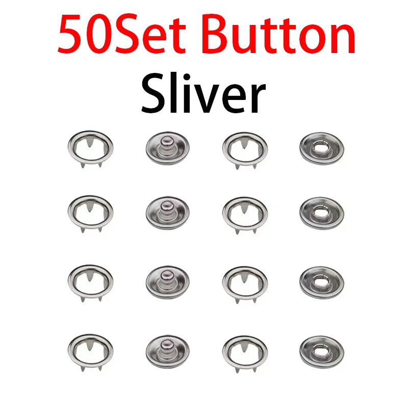 A collection of 50 set silver button slivers for clothes and DIY projects.