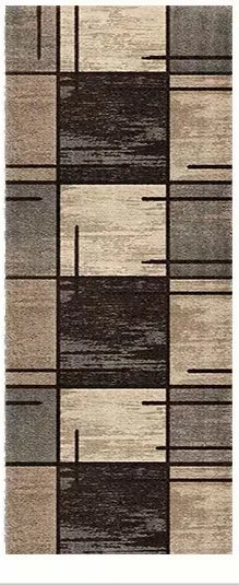 A rectangular floor mat featuring a modern checkered pattern in shades of gray, beige, and dark brown.