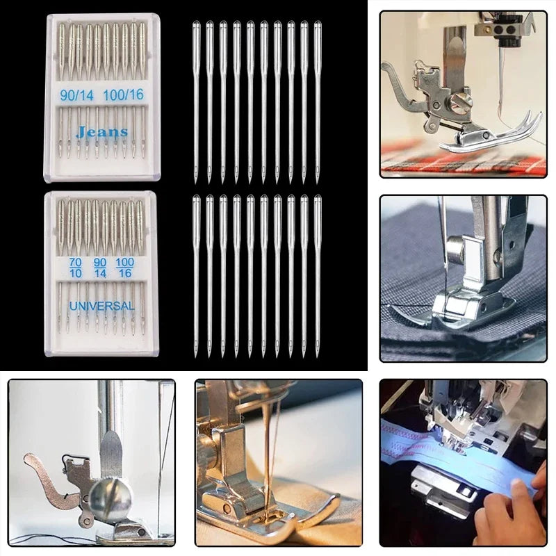 A collection of stainless steel sewing machine needles for denim and jeans, including various sizes like 90/14, 100/16, and u
