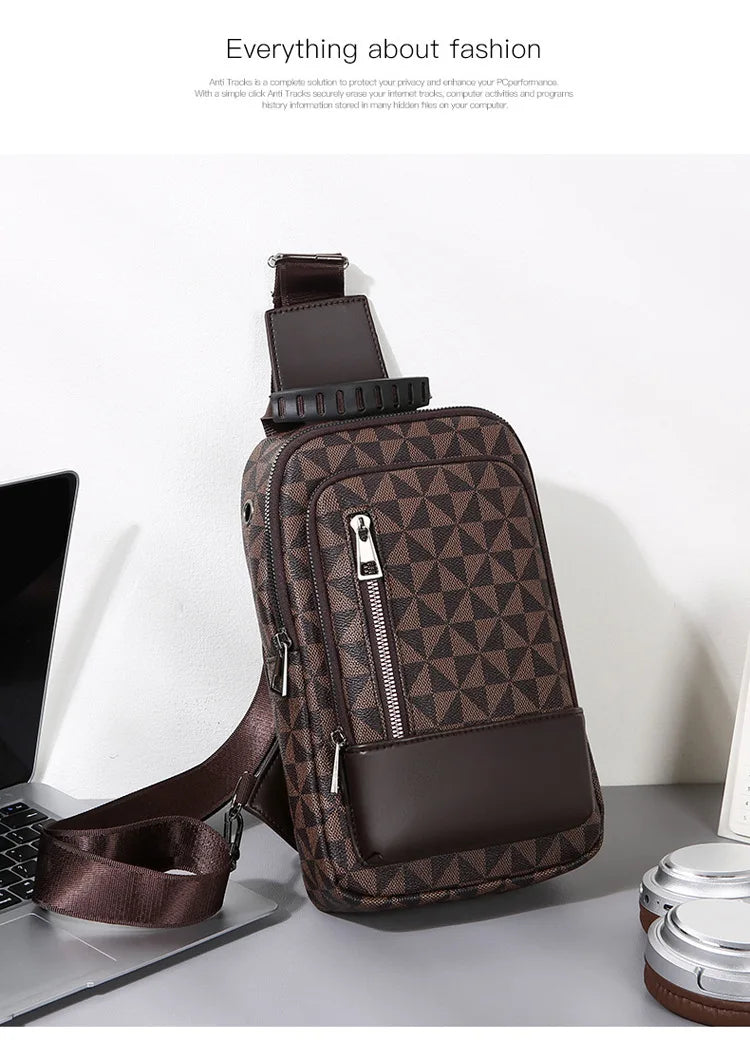Men's Waterproof PU Leather Crossbody Bag with Geometric Pattern