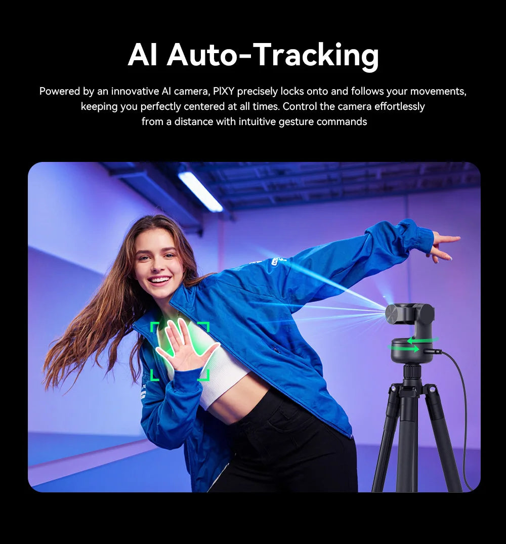 A woman in a blue jacket demonstrates AI auto-tracking using a camera mounted on a tripod.