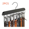 Black wooden belt organizer rack with 14 metal hooks for hanging belts
