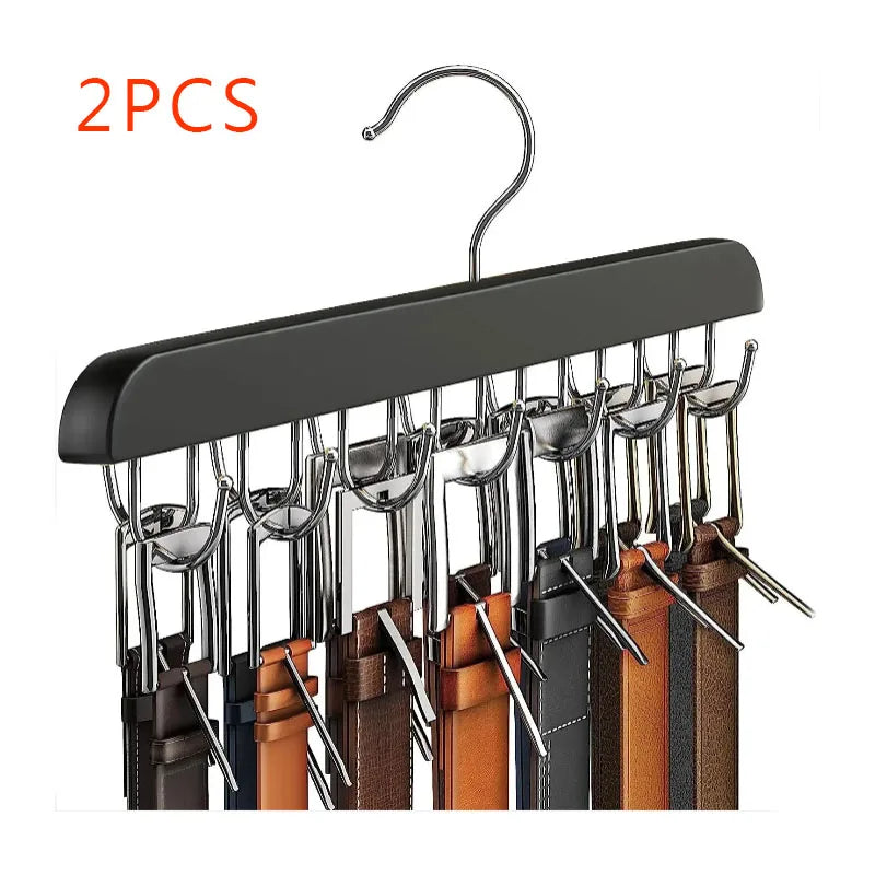 Black wooden belt organizer rack with 14 metal hooks for hanging belts