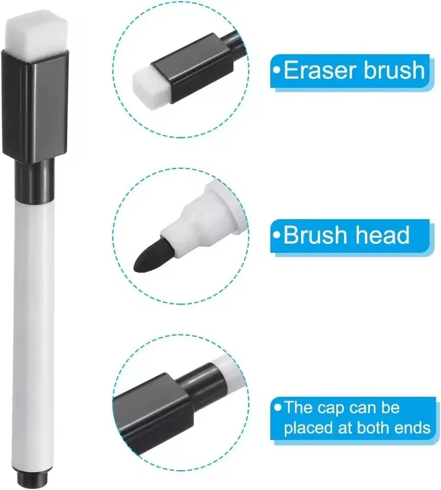 A set of five black magnetic dry erase markers with built-in eraser brush heads and caps shown in various views.