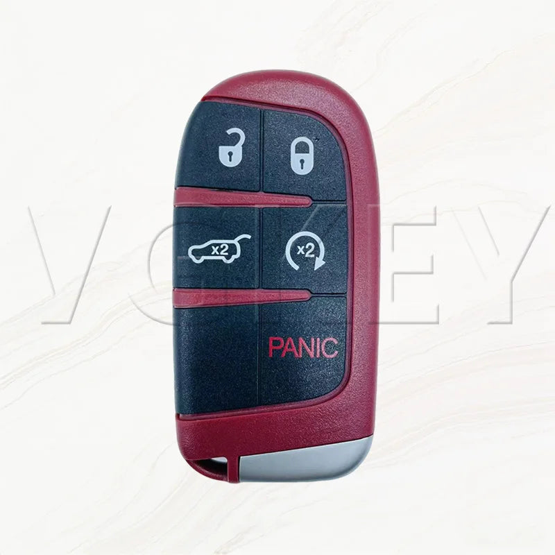 A red and black smart key shell with various buttons, including lock icons and a panic button.