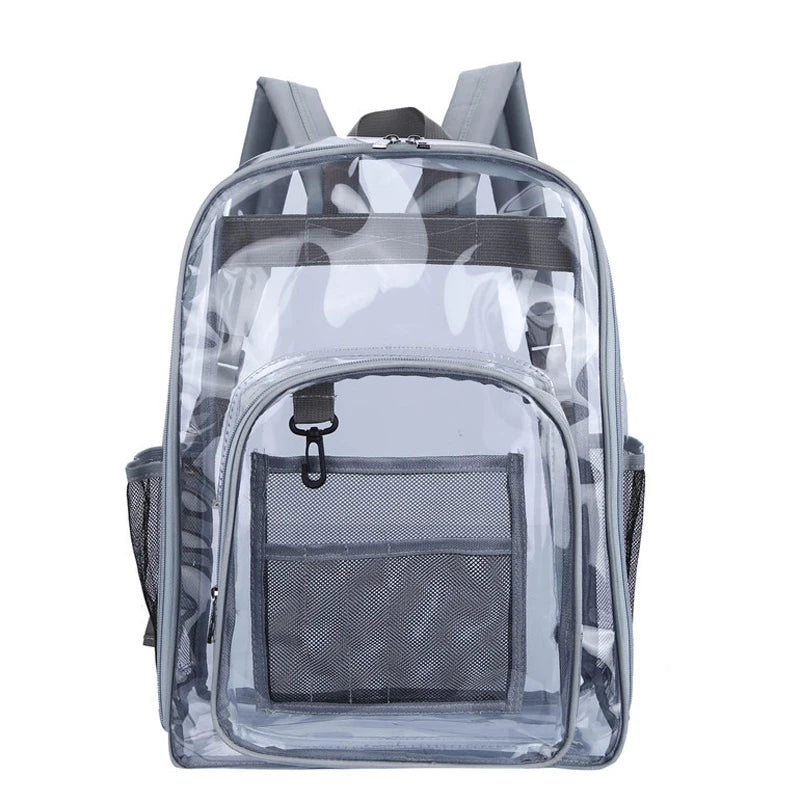 A transparent waterproof shoulder bag with a mesh pocket and zipper visible against a white background.