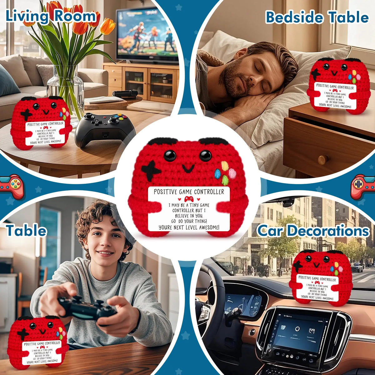 A collection of handmade crochet game controller decorations including a red controller, a green controller, and a red decora