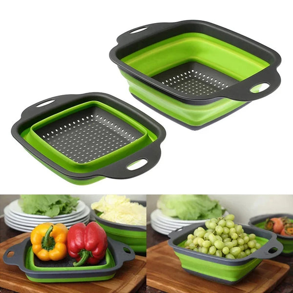Un jeu de deux paniers de drainage en silicone vert et noir, montrés dans divers contextes, y compris la préparation de nourr