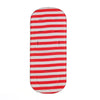 A red and white striped stroller seat cushion with a rounded rectangular shape.
