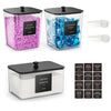 Three clear plastic storage containers for laundry room organization holding pink, blue, and white dryer sheets.