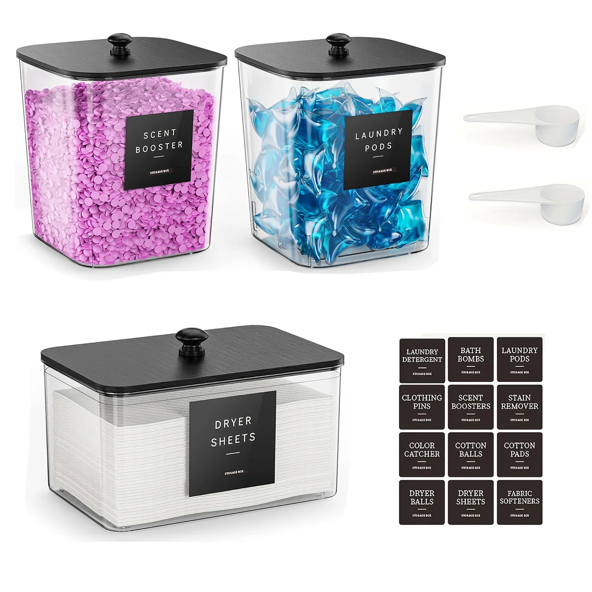 Three clear plastic storage containers filled with colored laundry pods and dryer sheets for organization