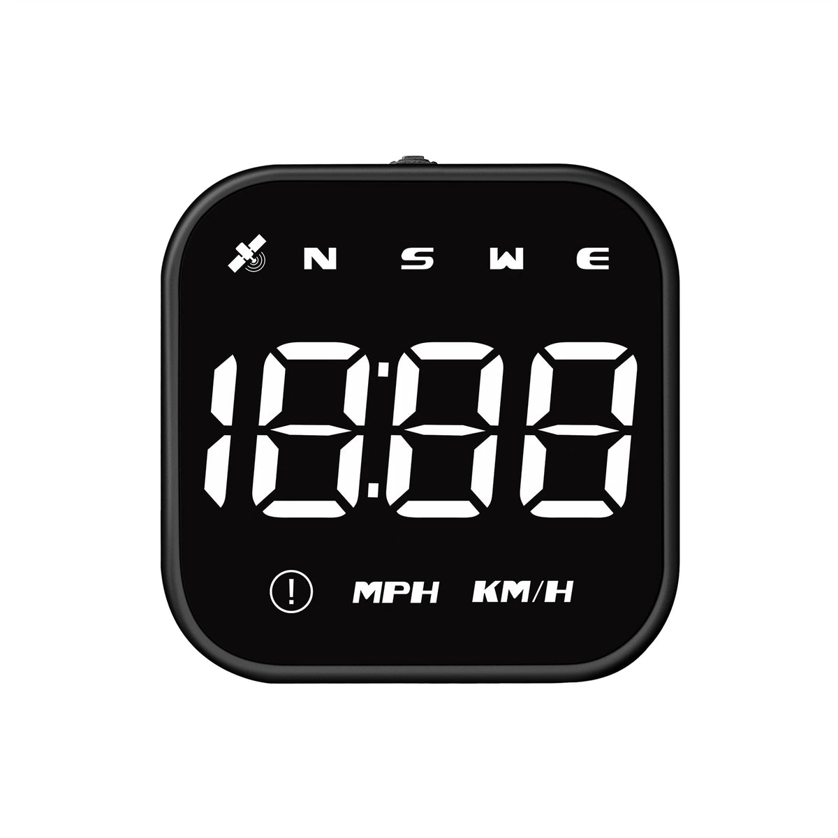 Black GPS head-up display showing time, speed (MPH/KM/H), and compass.