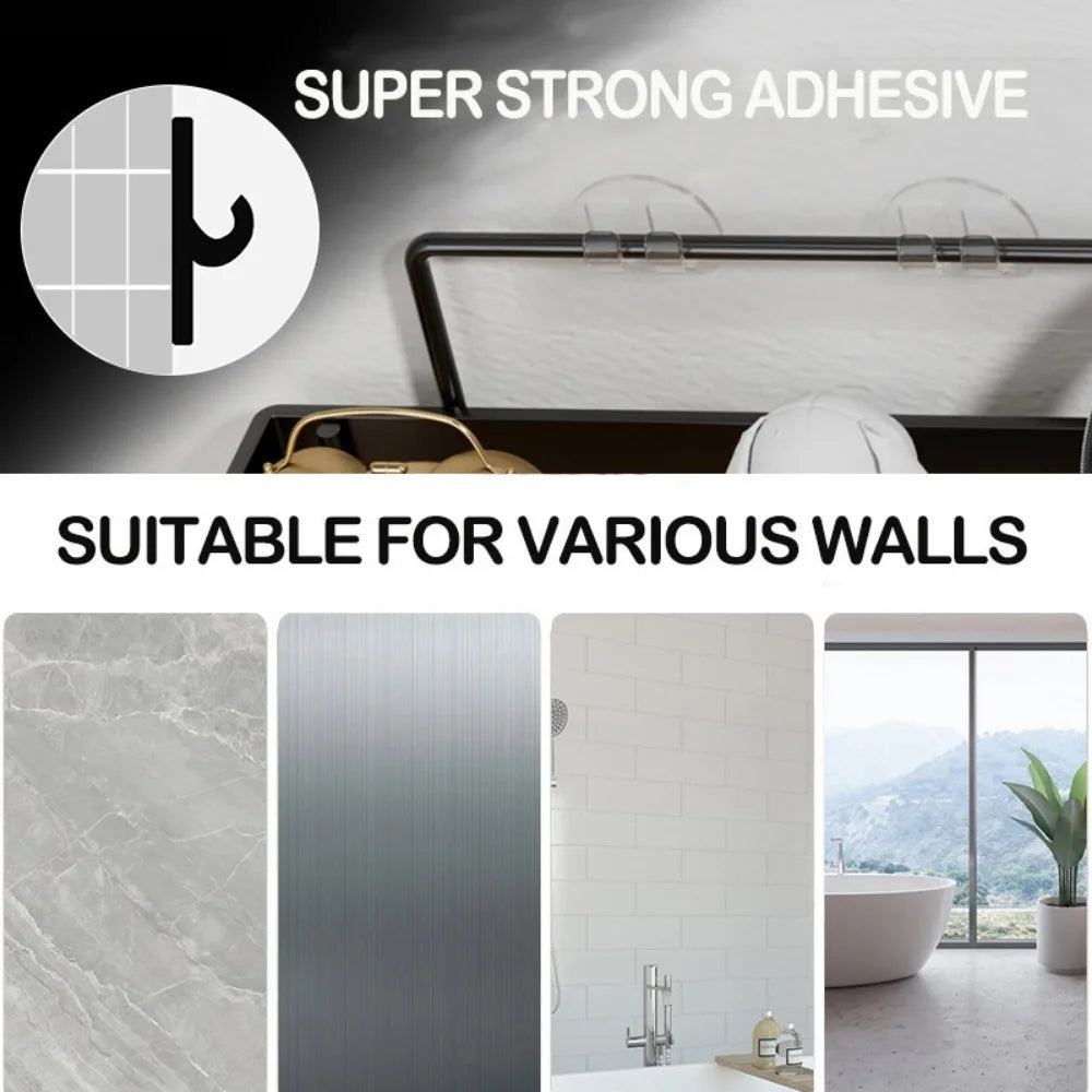A set of black adhesive wall-mounted shower shelves suitable for various bathroom walls.