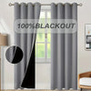 Gray blackout curtain panel hanging in a window frame with a black accent.