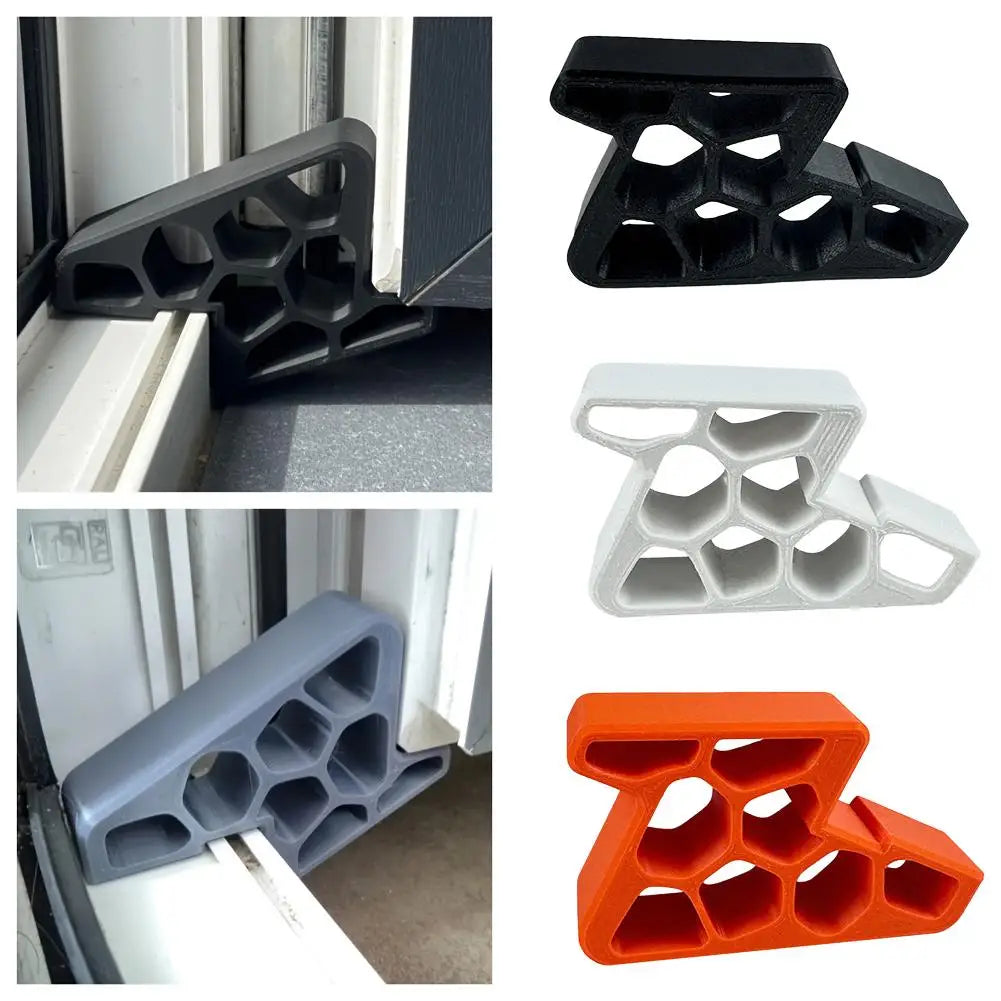 Three heavy-duty non-slip door stopper wedges in black, white, and orange.