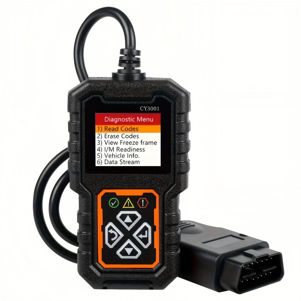 A black OBD2 diagnostic scanner tool with a diagnostic menu display and cable.