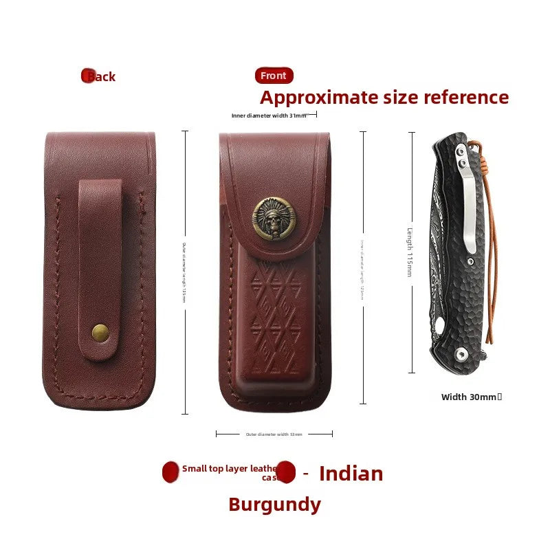 A brown leather folding knife case shown from the front and back, with an approximate size reference.