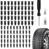 Une grille de kits de réparation de crevaisons de pneus et un pneu noir.