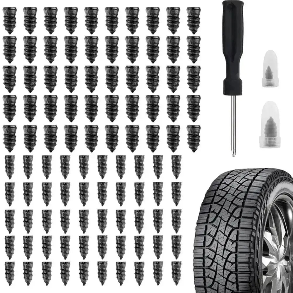 Une grille de kits de réparation de crevaisons de pneus et un pneu noir.