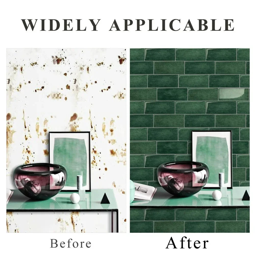 Before and after comparison of 3D self-adhesive PVC tiles used as wall stickers in a kitchen setting.