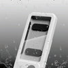A white waterproof shower phone holder with a mesh cover is shown being splashed by water droplets.