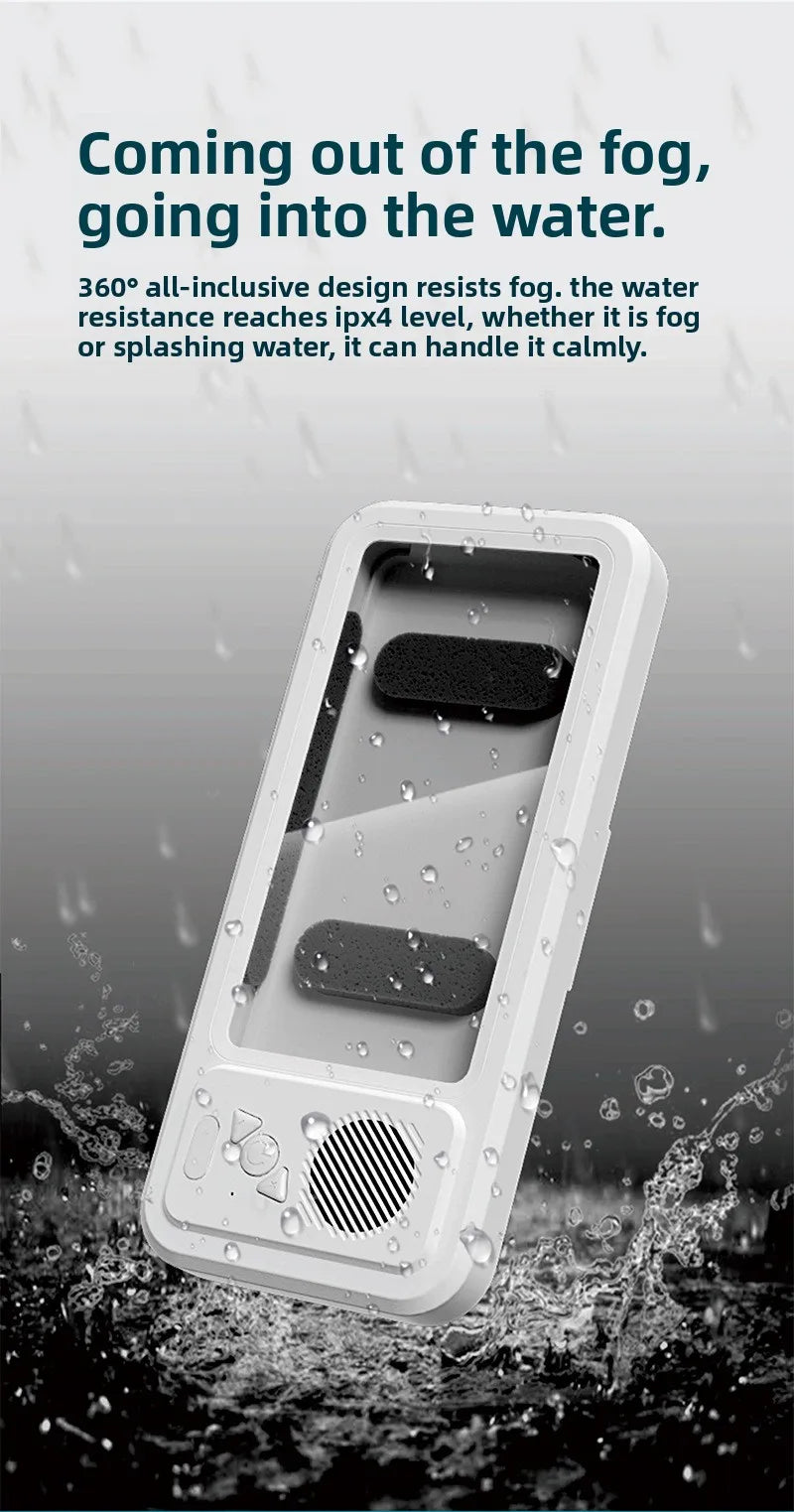A white waterproof shower phone holder with a mesh cover is shown being splashed by water droplets.