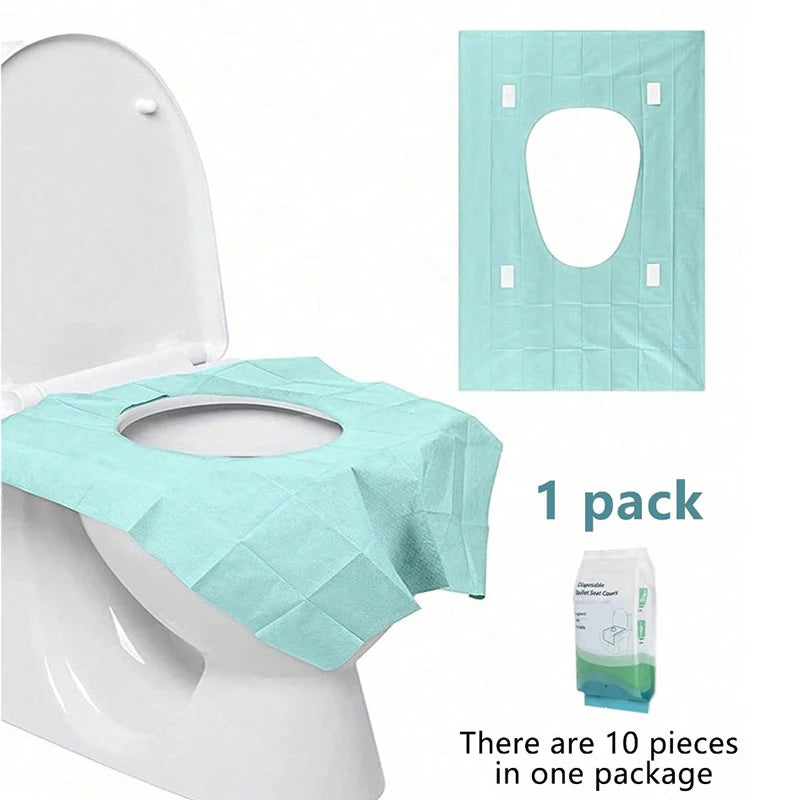 A package of disposable toilet seat covers in light teal color shown next to a white toilet.