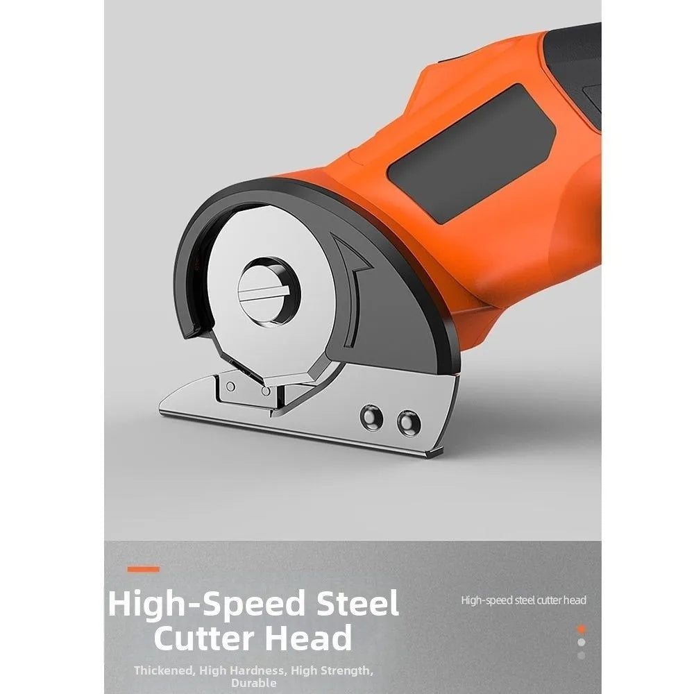 Orange high-speed steel cutter head for a cordless rotary scissors tool.