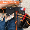 Black nylon axe blade cover with an orange handle and belt loop shown on a person's shirt.