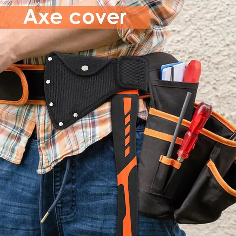 Black nylon axe blade cover with an orange handle and belt loop shown on a person's shirt.