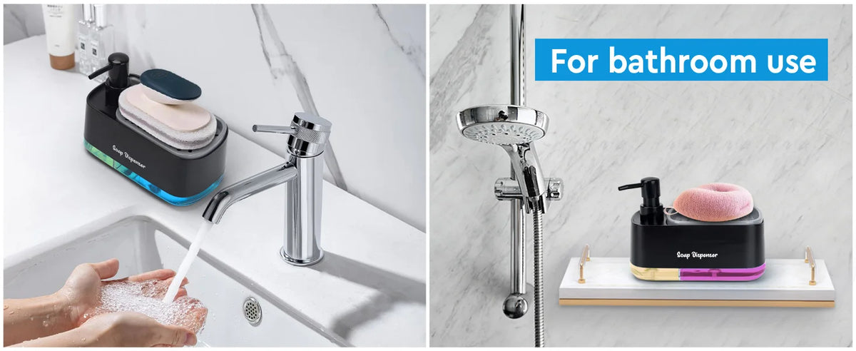 A hand dispenses soap from a silver faucet into a pink sponge holder and dispenser set for bathroom use.