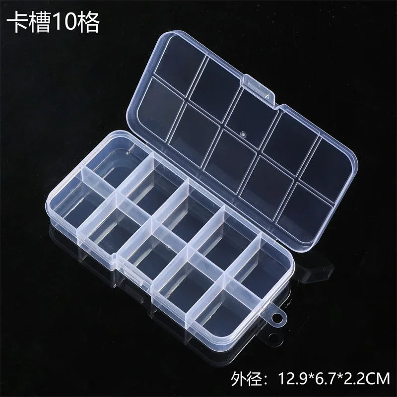 A transparent multi-compartment storage box with fixed dividers, shown open and closed.