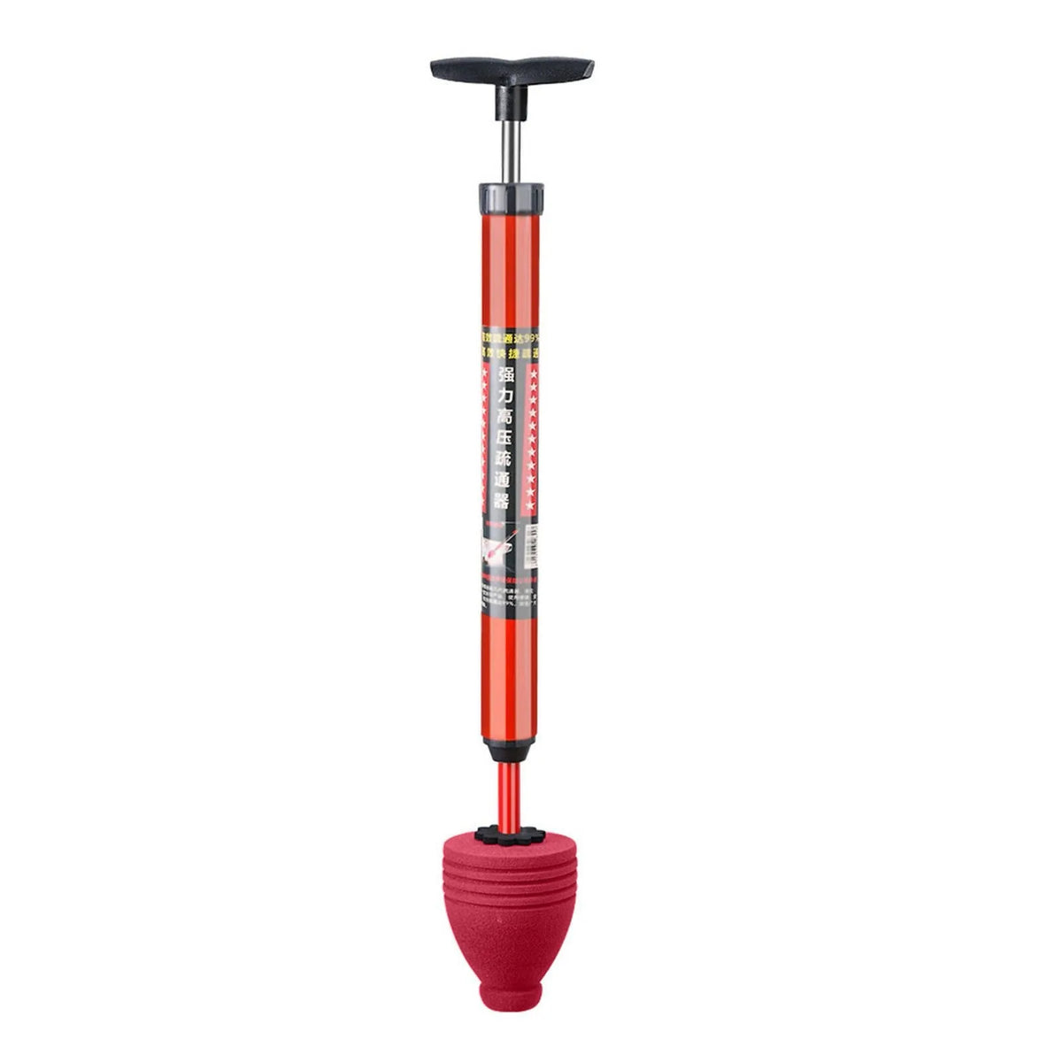 A red high-pressure toilet plunger with a black handle and pneumatic pump mechanism.