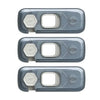 Three views of a child safety cabinet lock or fridge lock with 360 degree opening mechanism.