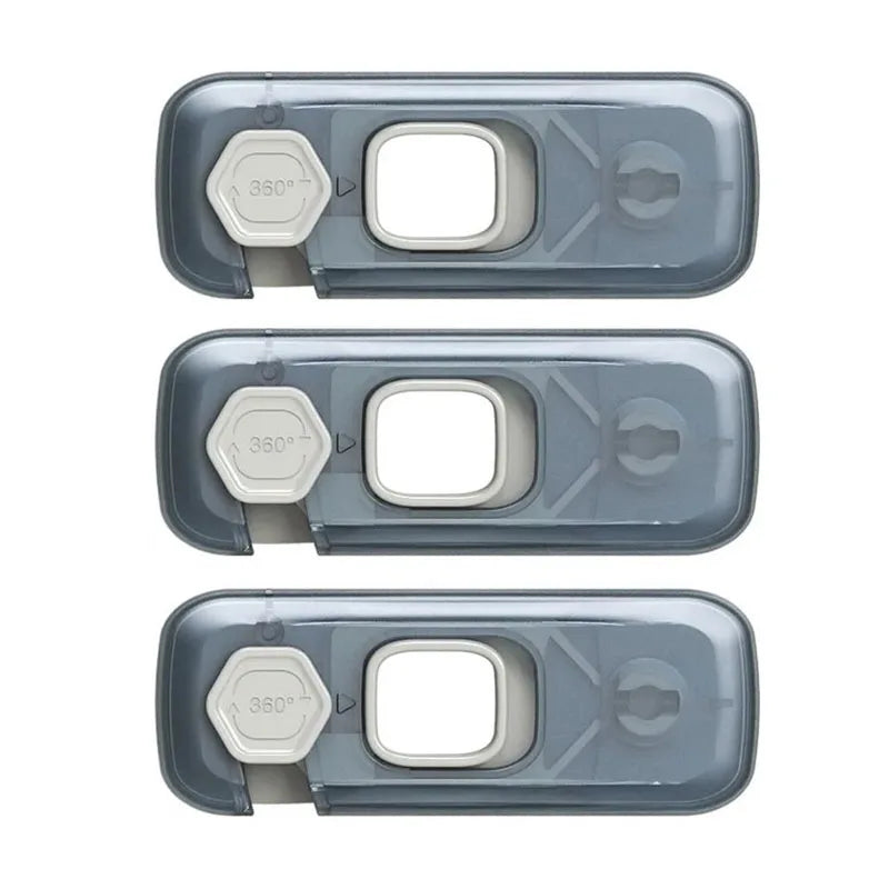Three views of a child safety cabinet lock or fridge lock with 360 degree opening mechanism.