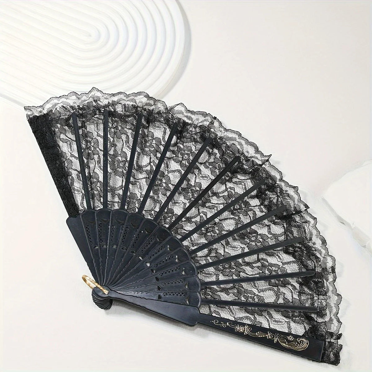 Elegant Lace Fabric Hand Fan with Floral Design