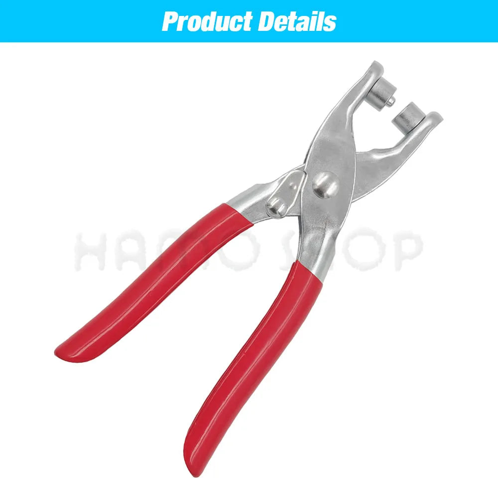 A pair of red and silver pliers used for gripping or bending metal eyelets.
