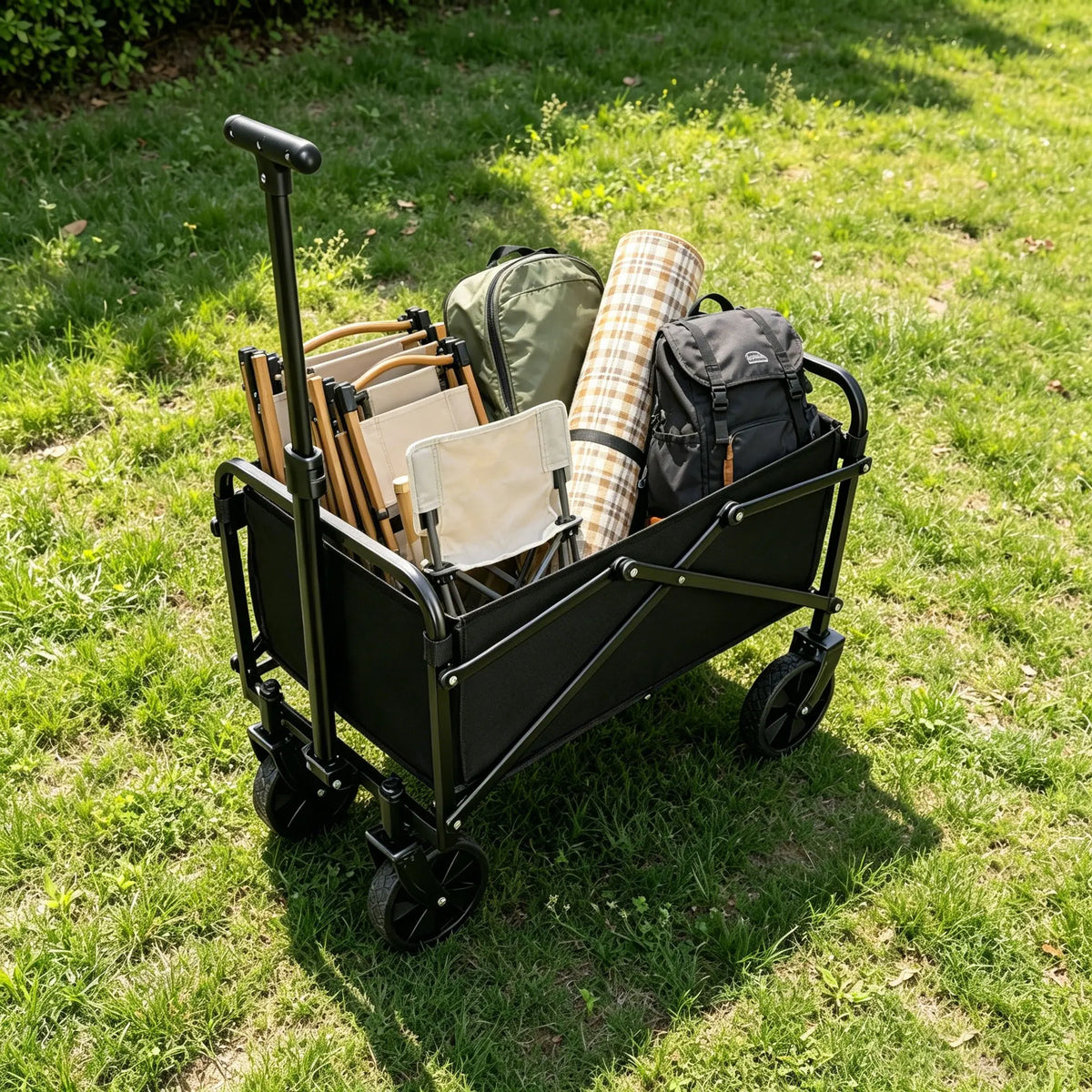 Wagon de camping noir pliable chargé d'équipement, sac à dos et sacs en toile sur une pelouse.